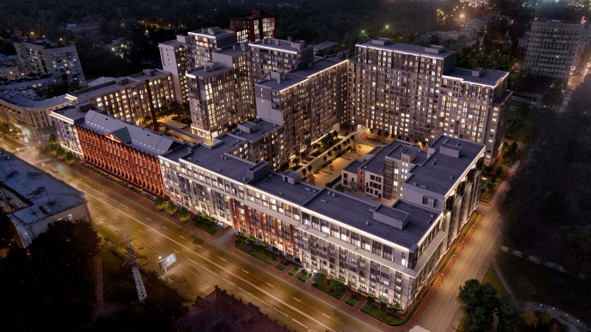 Luxury mid-rise residential building at sunset, featuring modern architecture and illuminated facade, developed by Al Ayid Fund LLC for high-end urban living.
